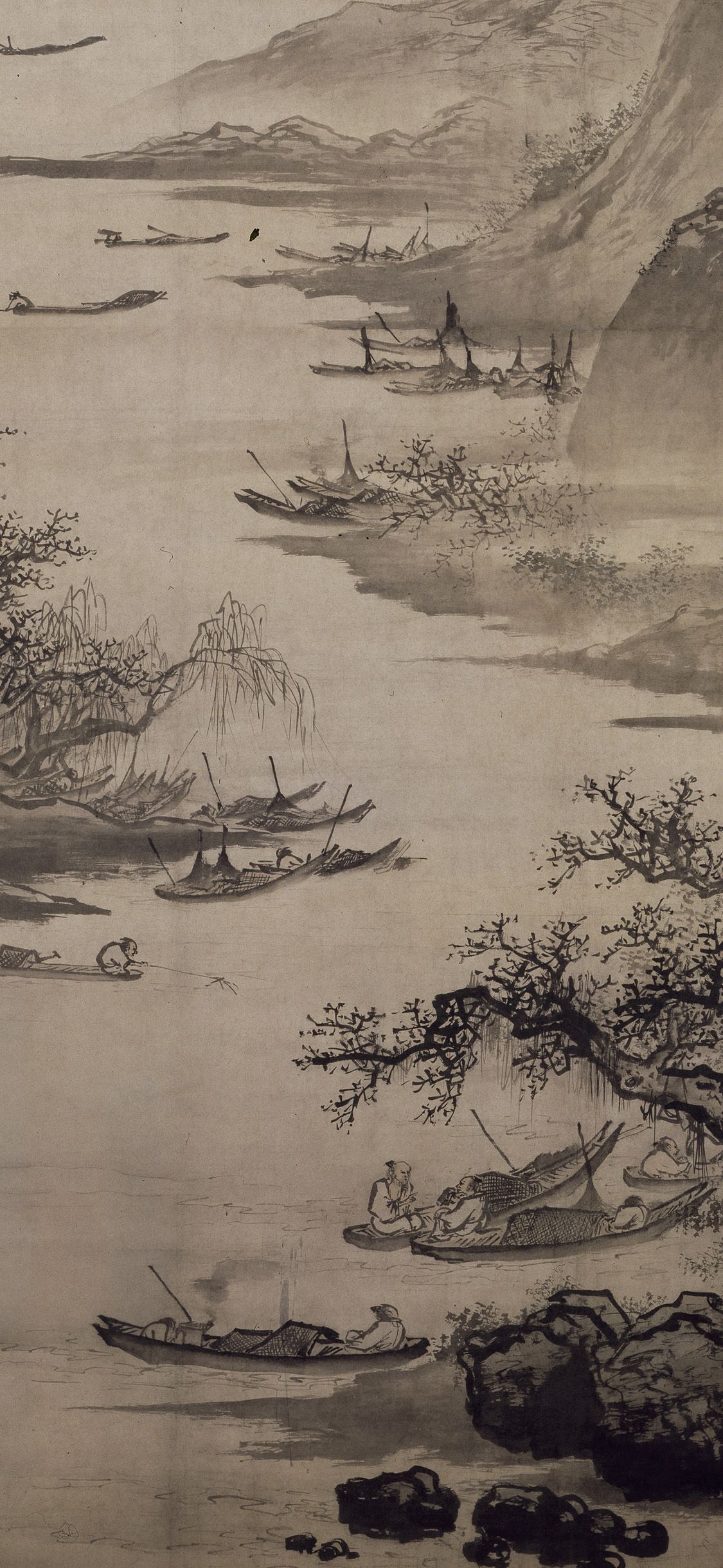 Fishing Boats on the River Beside Mountains — Ming dynasty (1368-1644) painting by Wu Wei