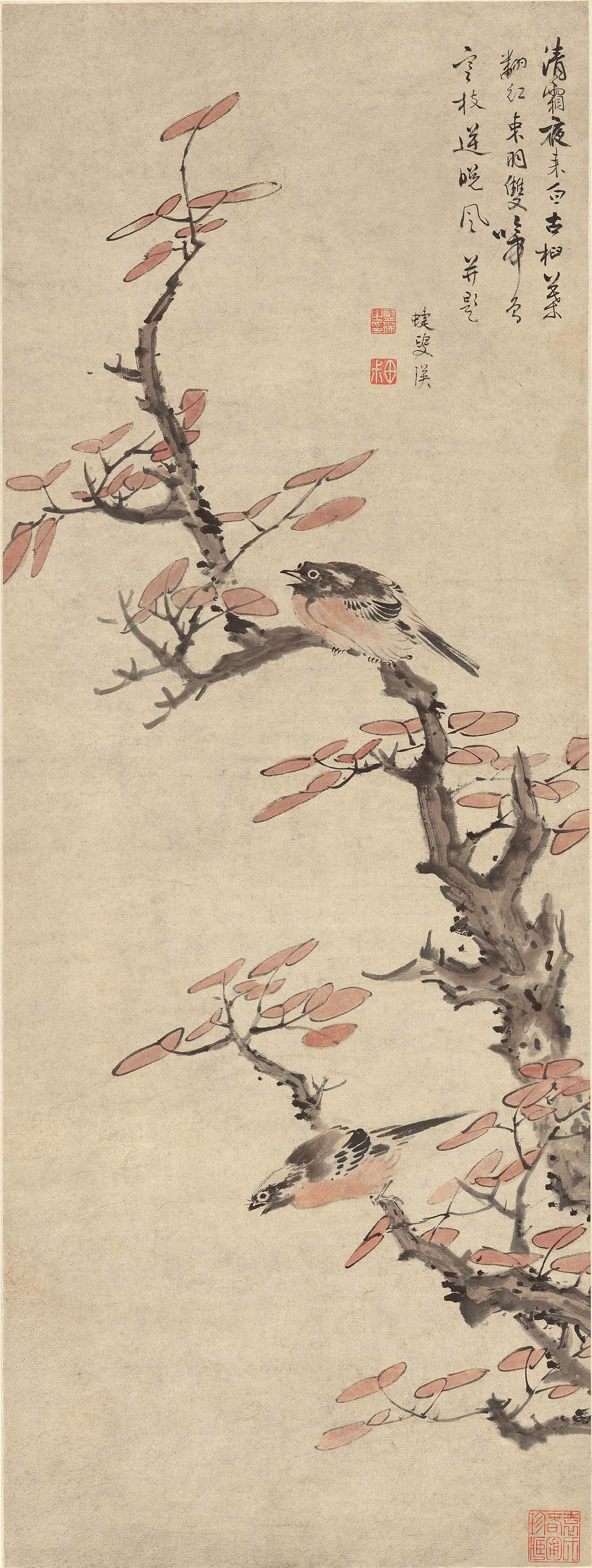 Red Leaves Autumn Birds — Ming dynasty (1368-1644) painting by Lan Ying