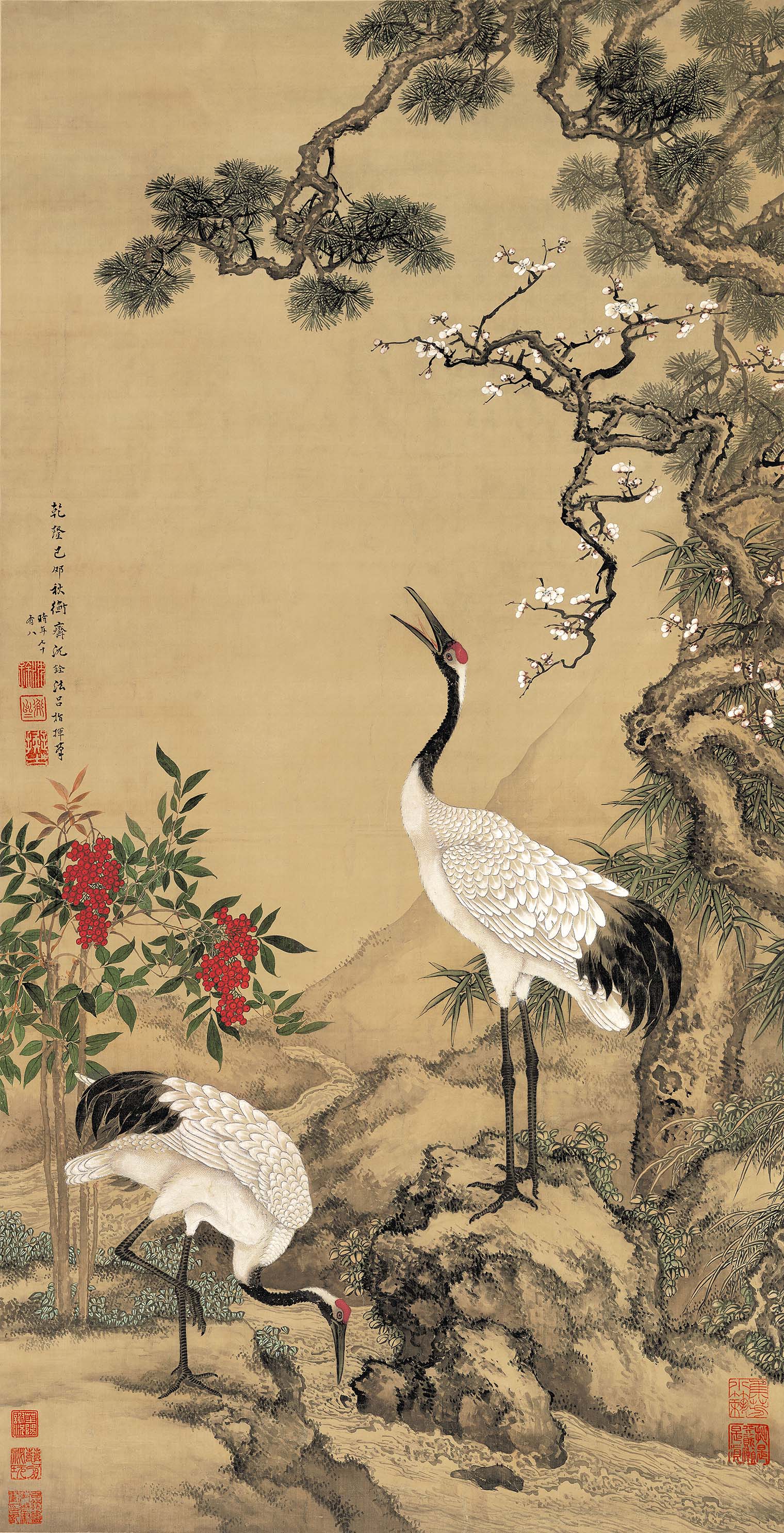 Pin, Plum and Cranes — Qing dynasty (1644-1911) painting by Shen Quan