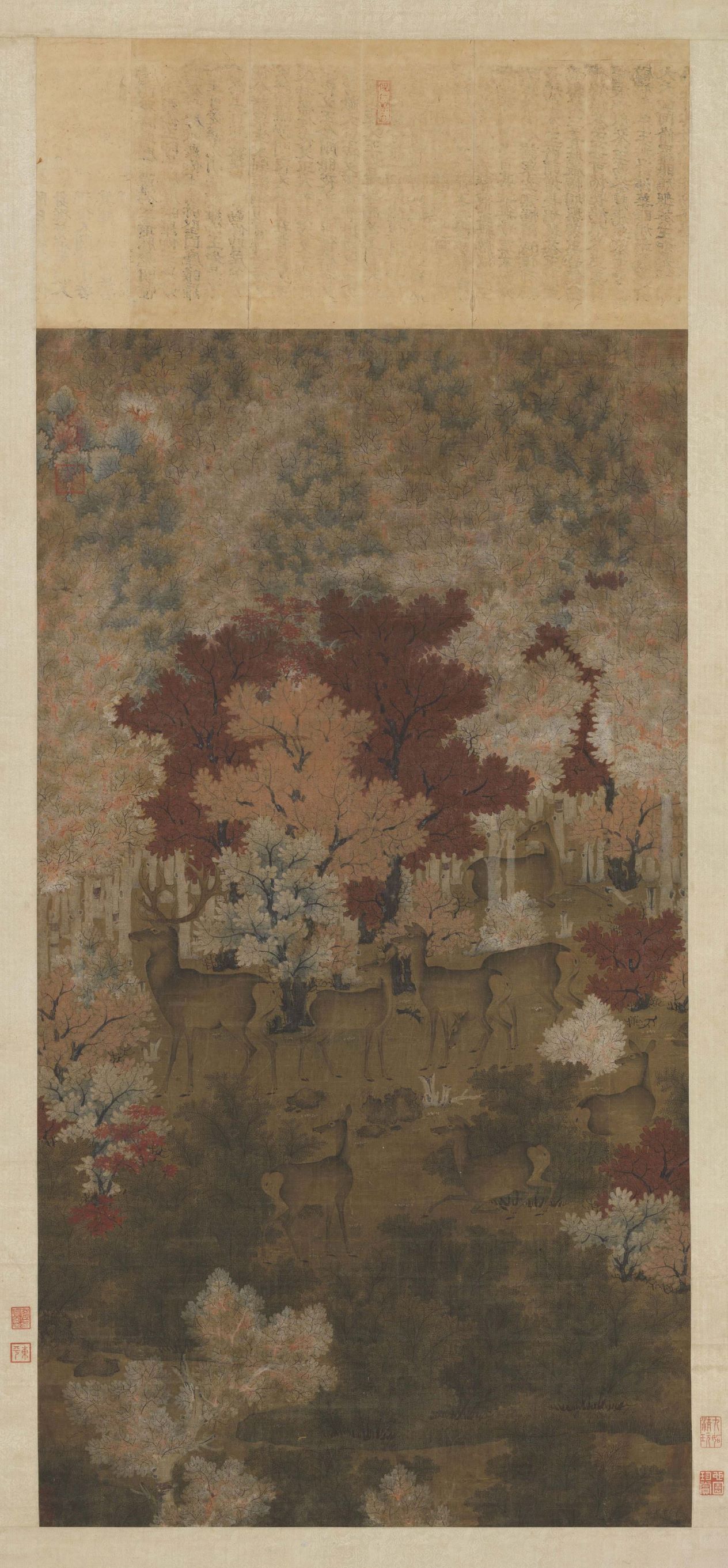 Herd of Deer in a Maple Grove — Five Dynasties and Ten Kingdoms (907-979) painting by Anonymous