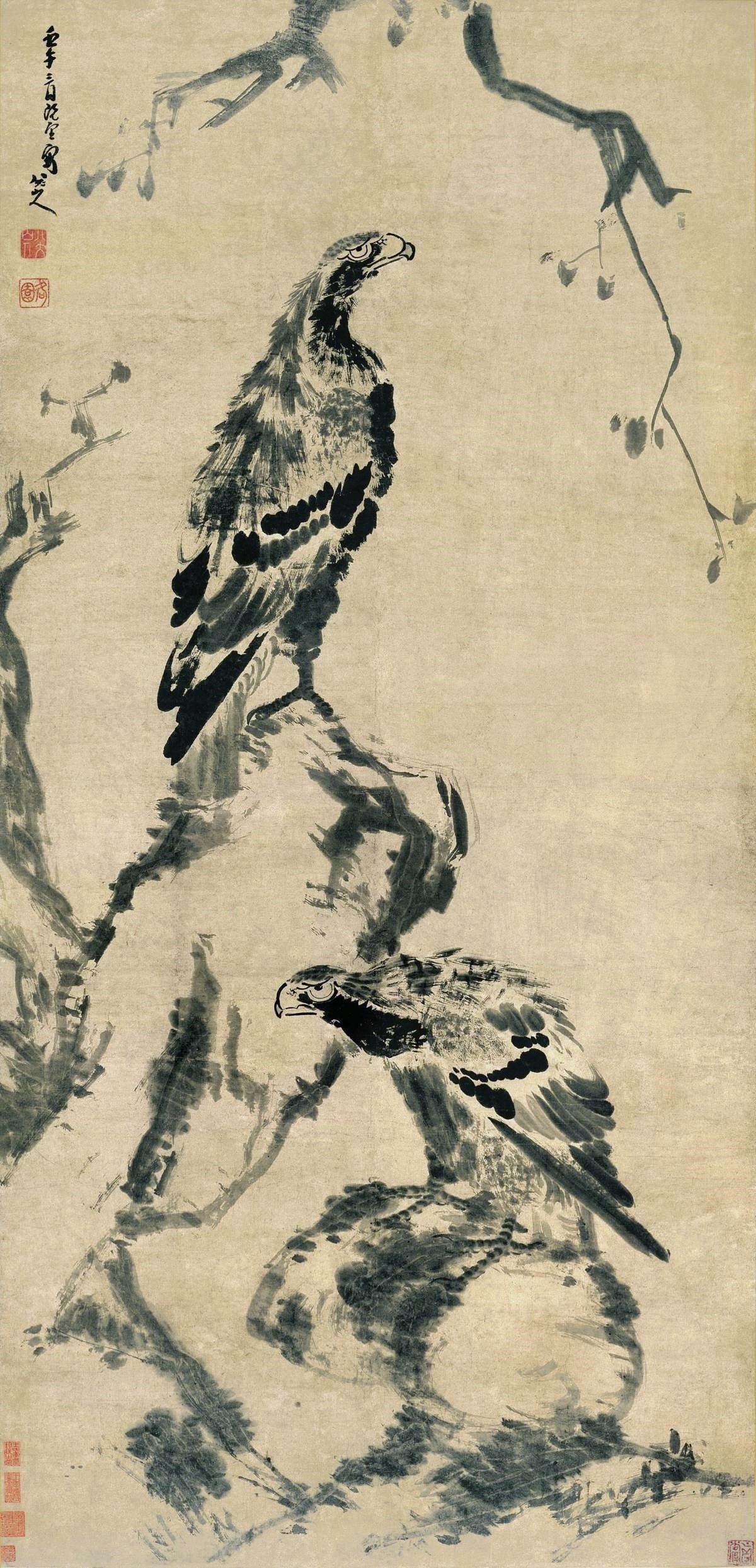 Two Eagles — Qing dynasty (1644-1911) painting by Zhu Da