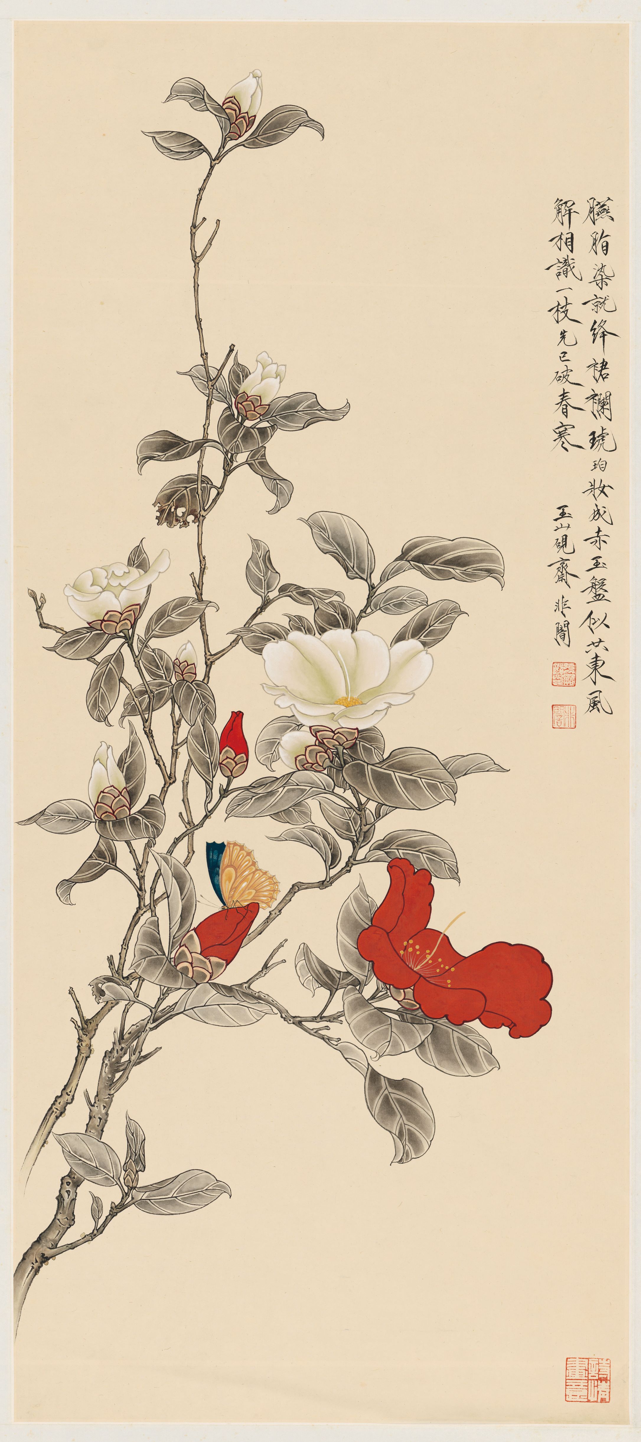 Red and White Camellias — Qing dynasty (1644-1911), Republic (1912-1949) painting by Yu Fei&rsquo;an