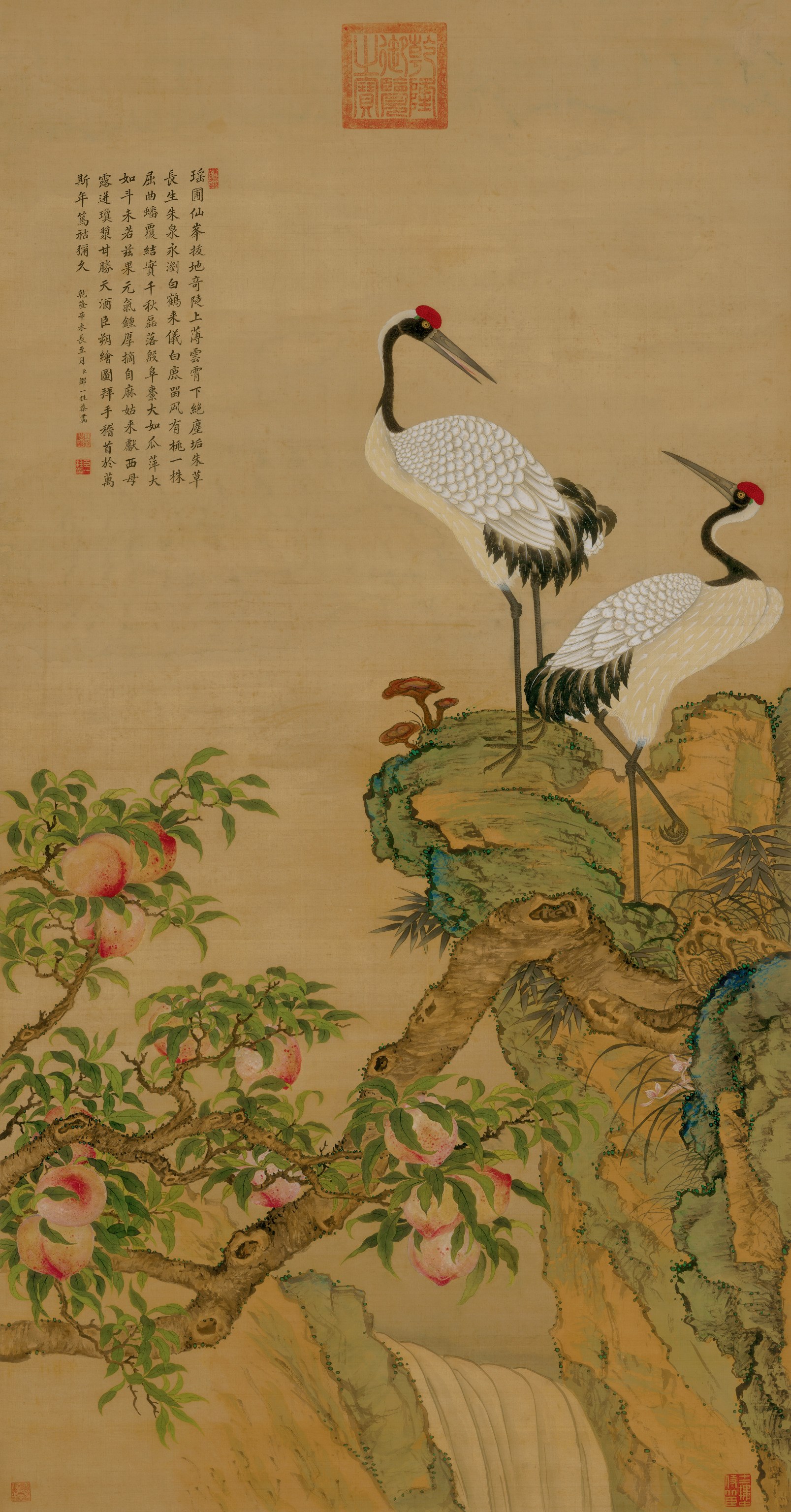 Cranes and Peaches — Qing dynasty (1644-1911) painting by Zou Yigui