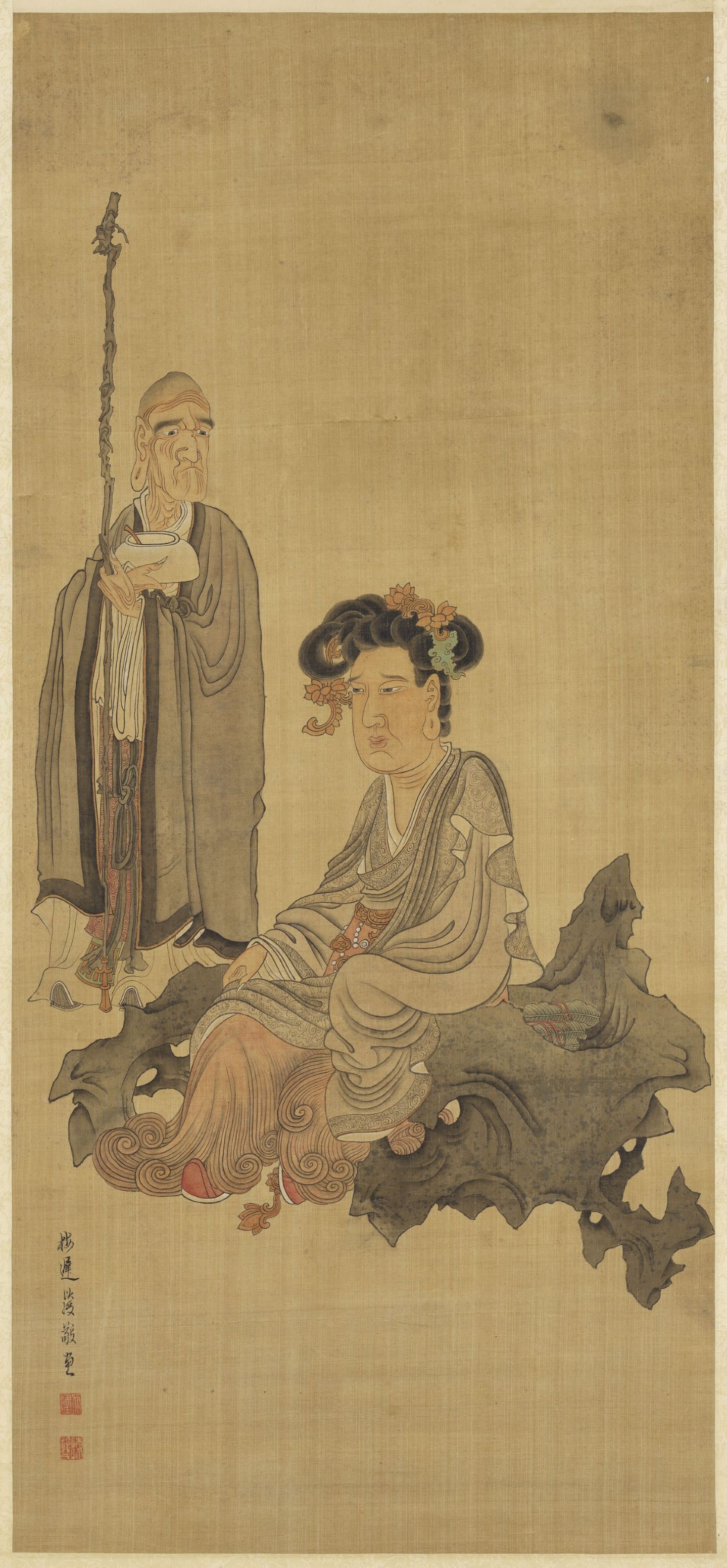 God of Longevity and Goddess of Mercy — Ming dynasty (1368-1644) painting by Chen Hongshou