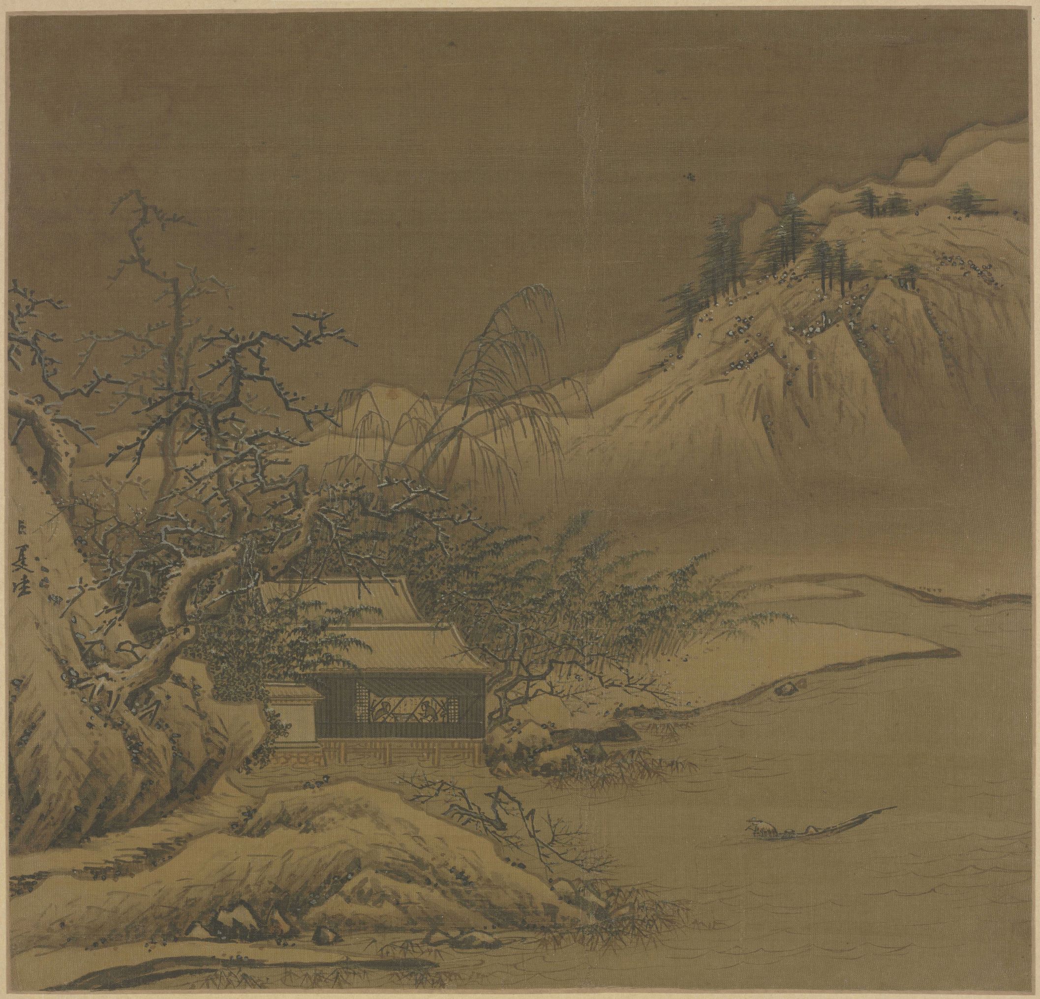 Coversation with Guest in Snow Covered Cottage — Song dynasty (960-1279) painting by Xia Gui
