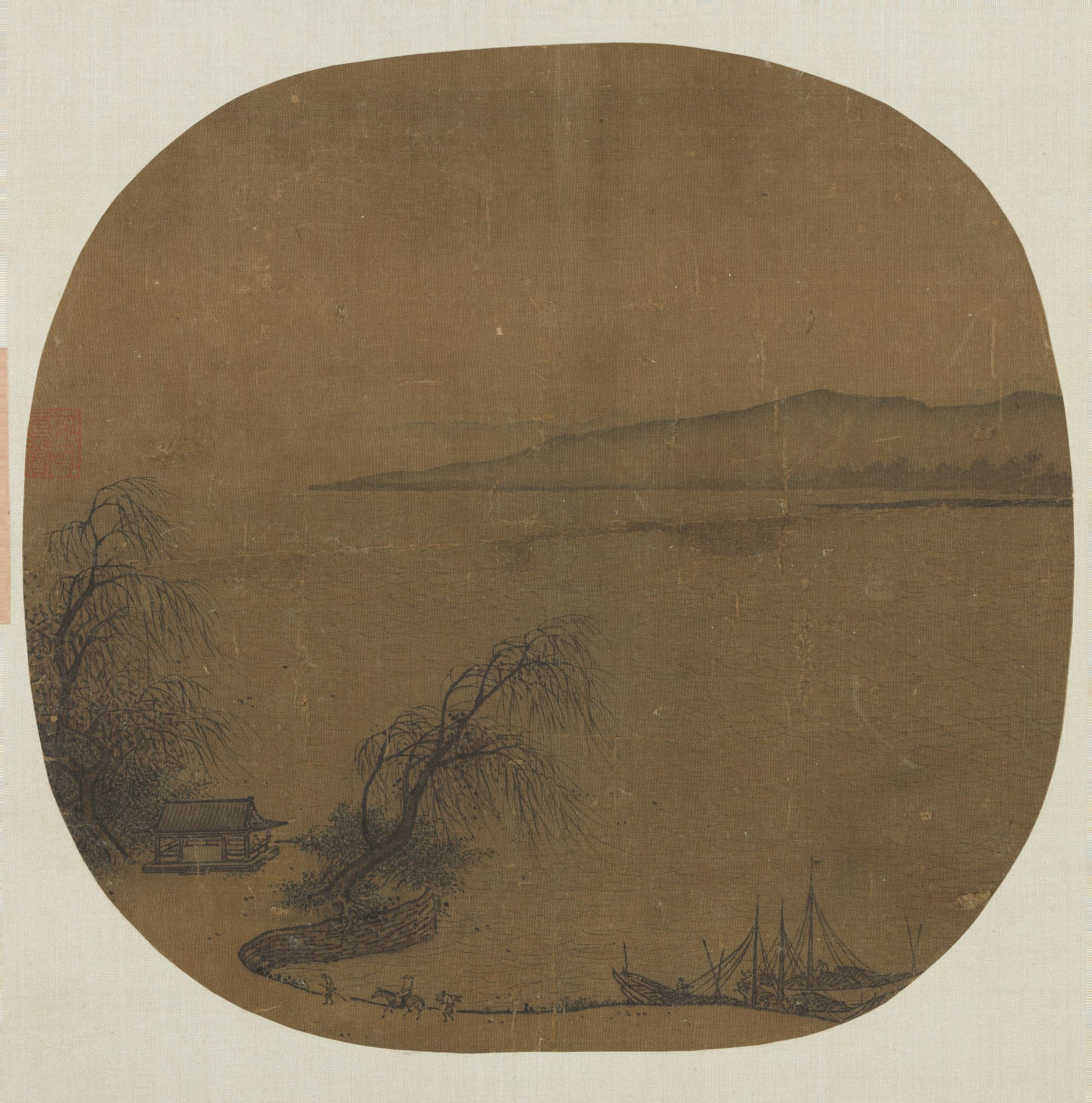 Travellers passing the Willow Pavilion — Song dynasty (960-1279) painting by Zhao Lingrang