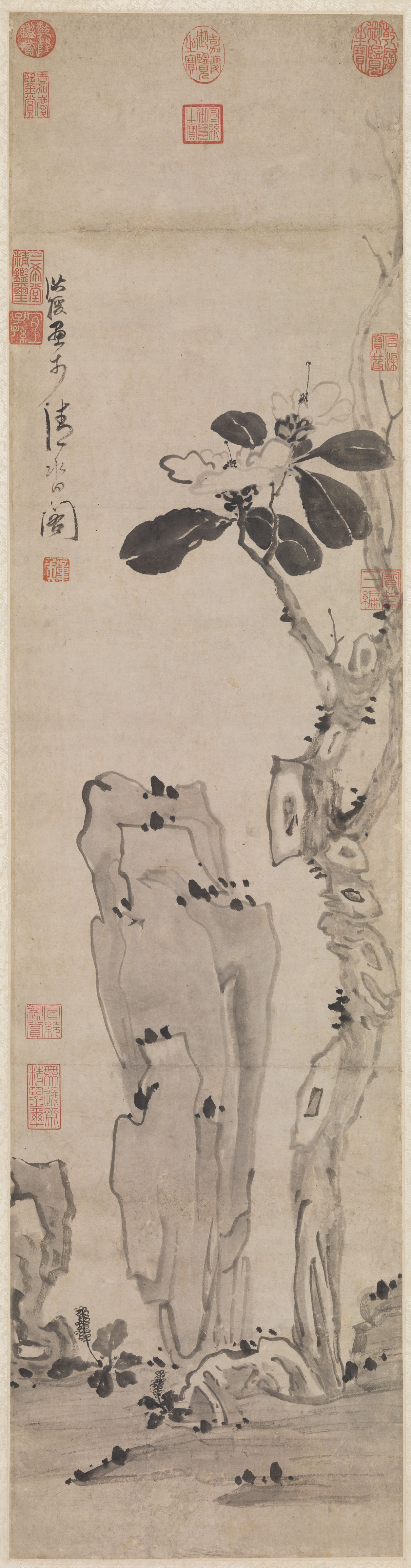 Camellia and Rocks — Ming dynasty (1368-1644) painting by Chen Hongshou