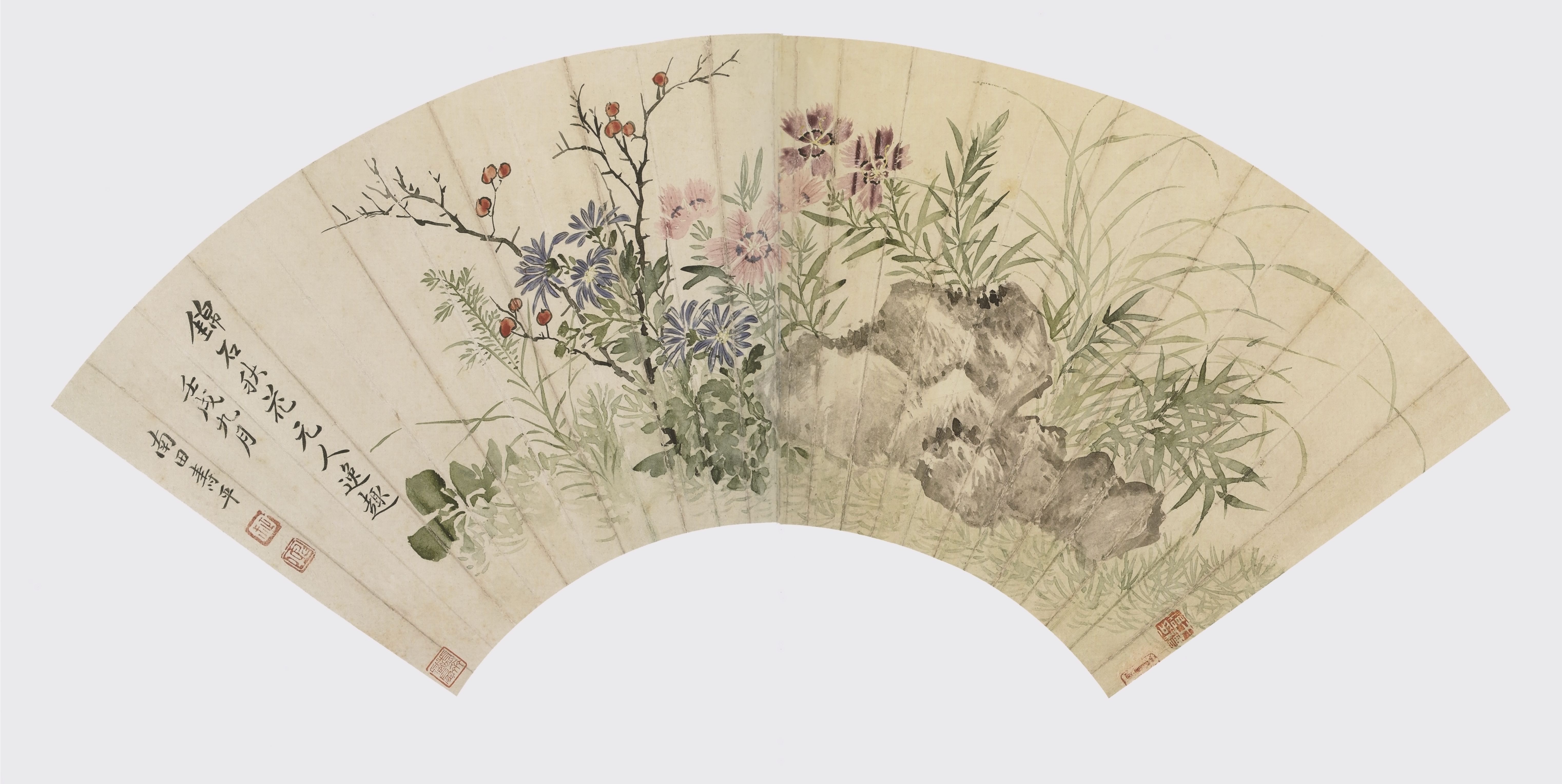 Autumn Flowers and Rocks — Qing dynasty (1644-1911) painting by Yun Shouping