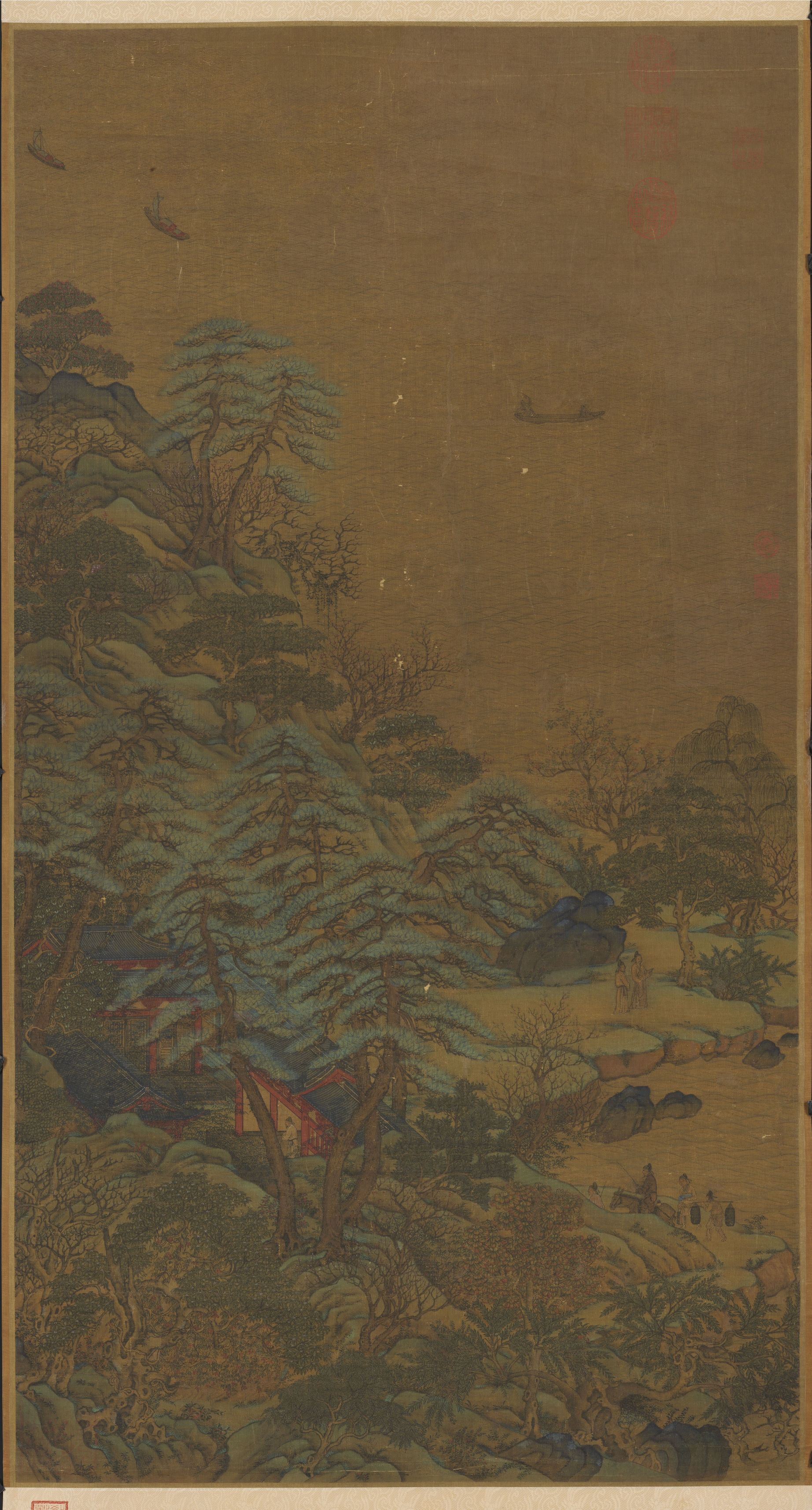 Sailing Boats and a Riverside Mansion — Tang dynasty (618-907) painting by Li Sixun