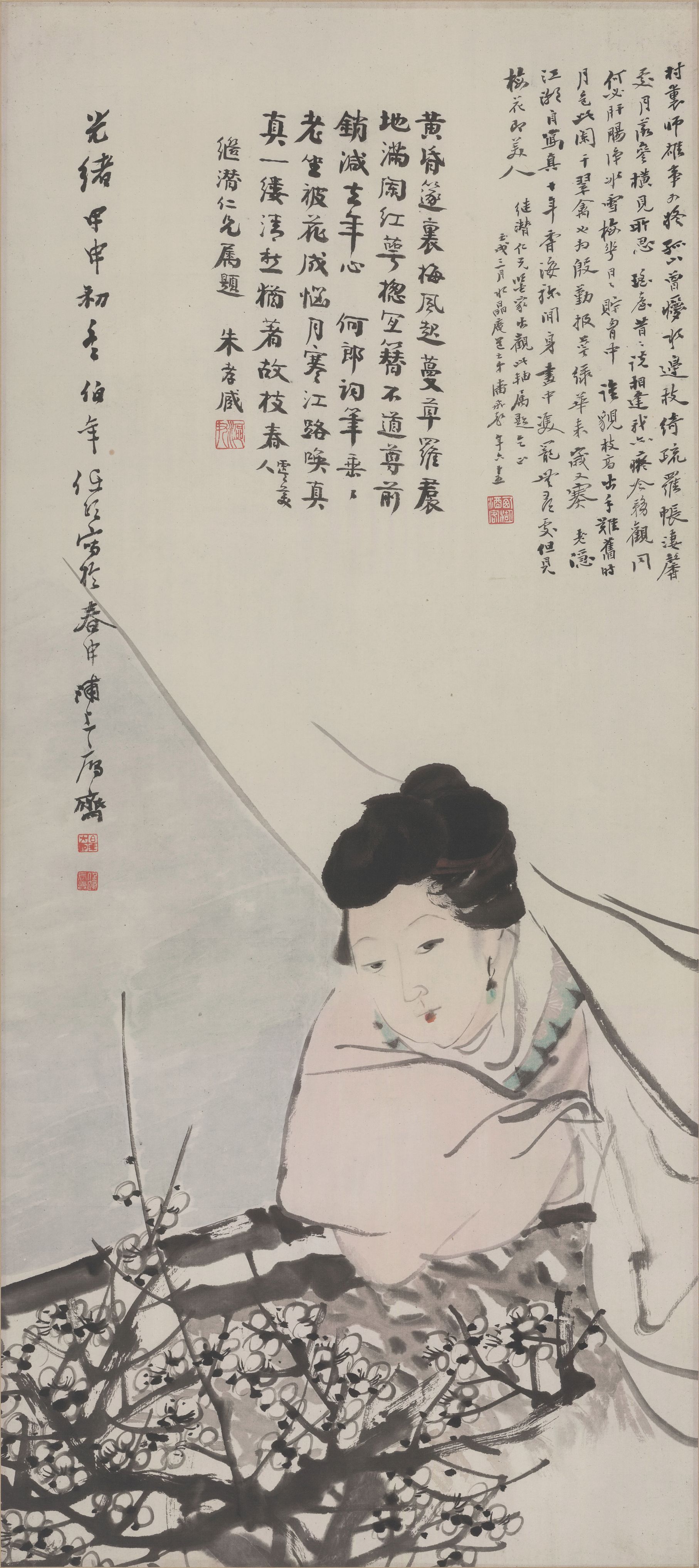 a Lady with Plum Blossoms — Qing dynasty (1644-1911) painting by Ren Bonian