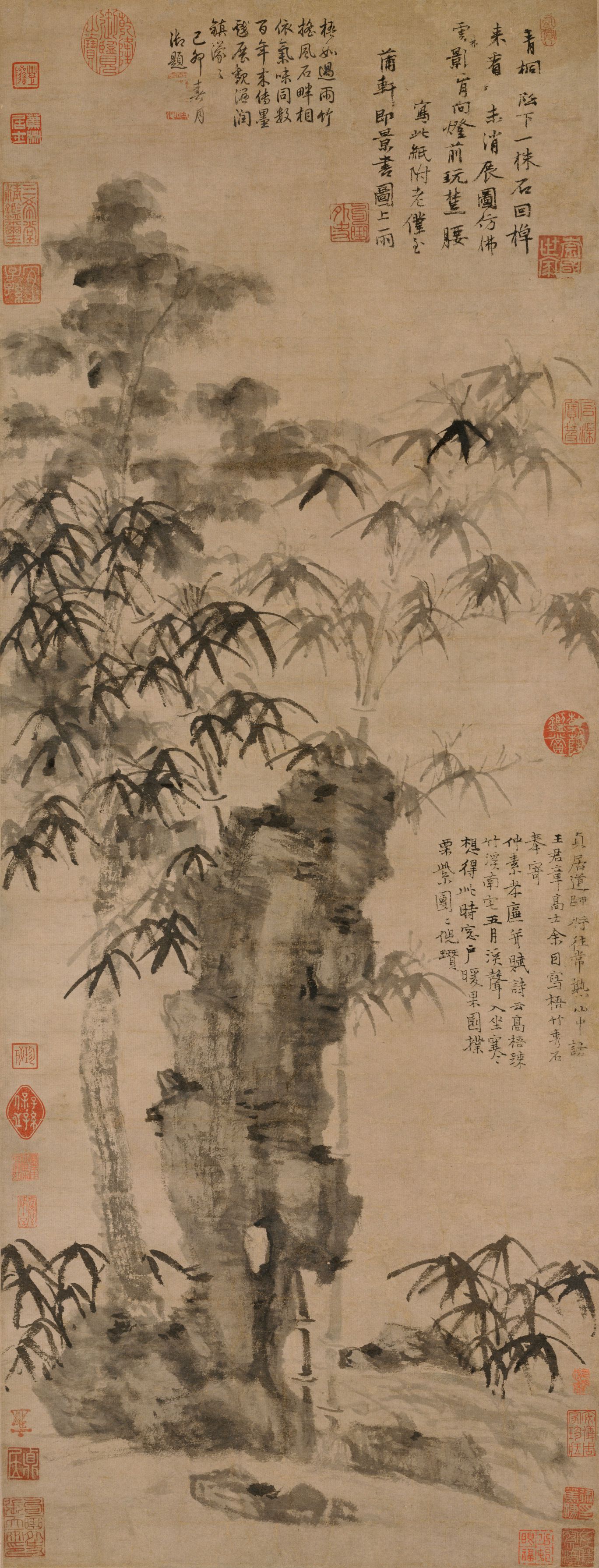 Tall Bamboo, Phoenix Tree, and Elegant Rock — Yuan dynasty (1271-1368) painting by Ni Zan