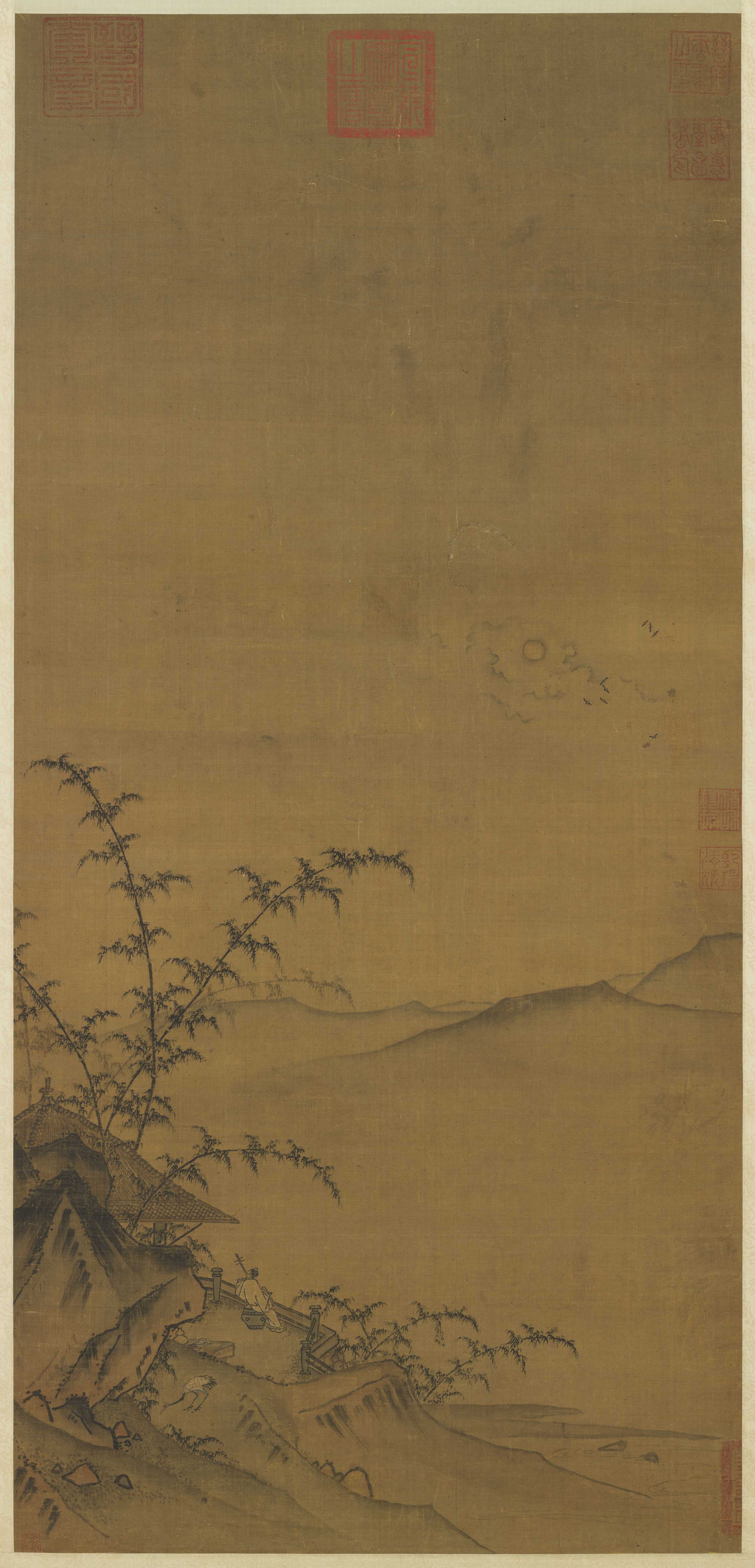 Playing the Ruan Under the Moonlight — Song dynasty (960-1279) painting by Ma Yuan