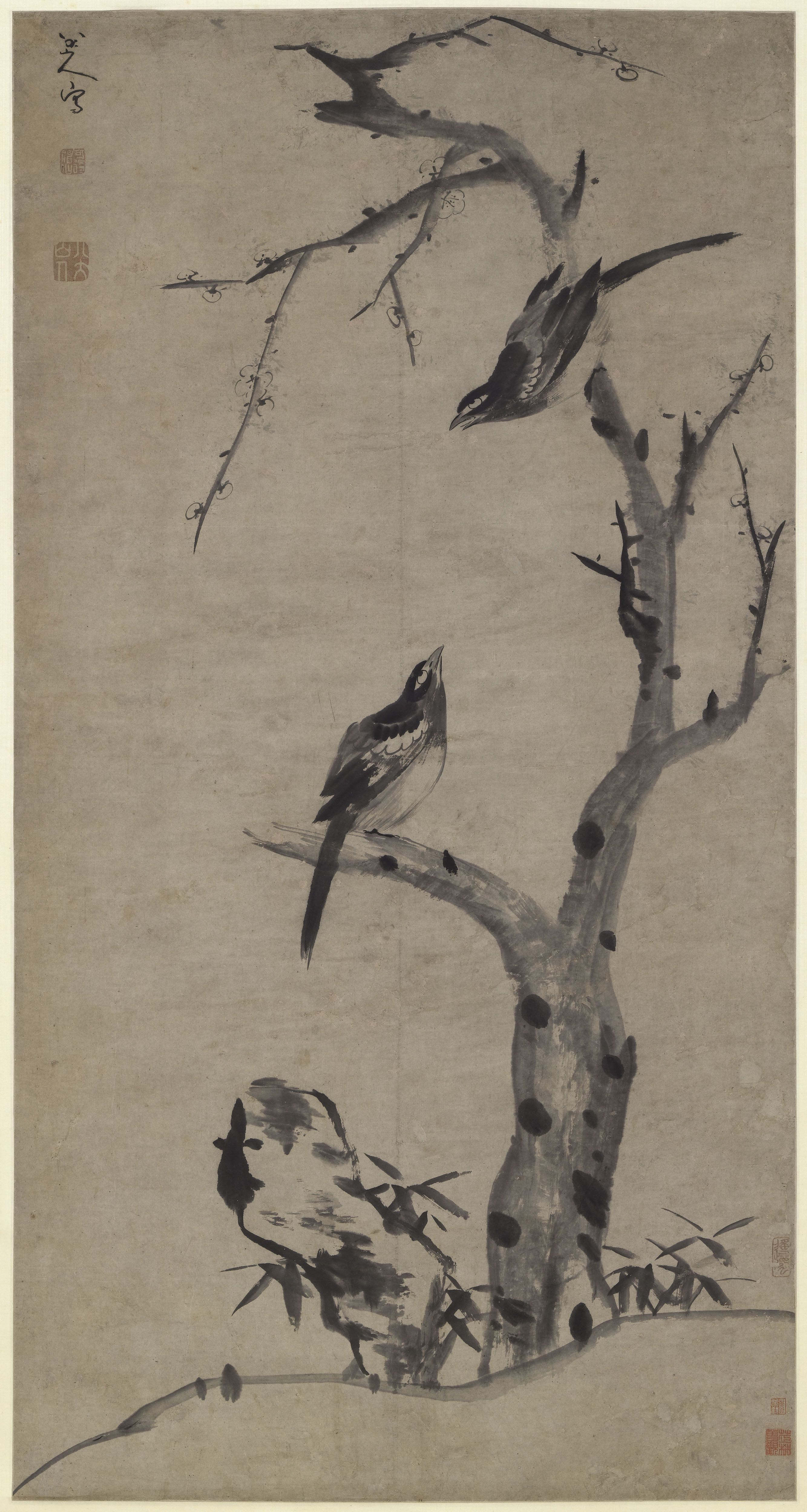 Plum Blossoms and Magpies — Qing dynasty (1644-1911) painting by Zhu Da
