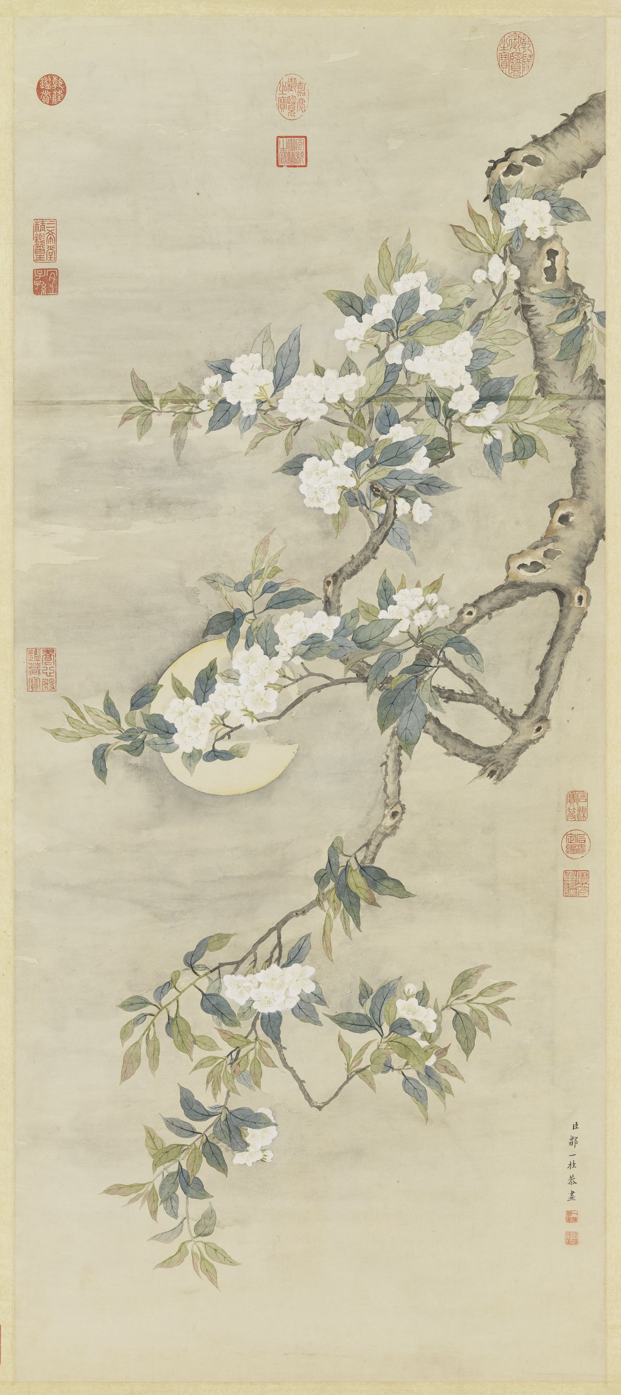 Pear Blossoms Under the Moonlight — Qing dynasty (1644-1911) painting by Zou Yigui